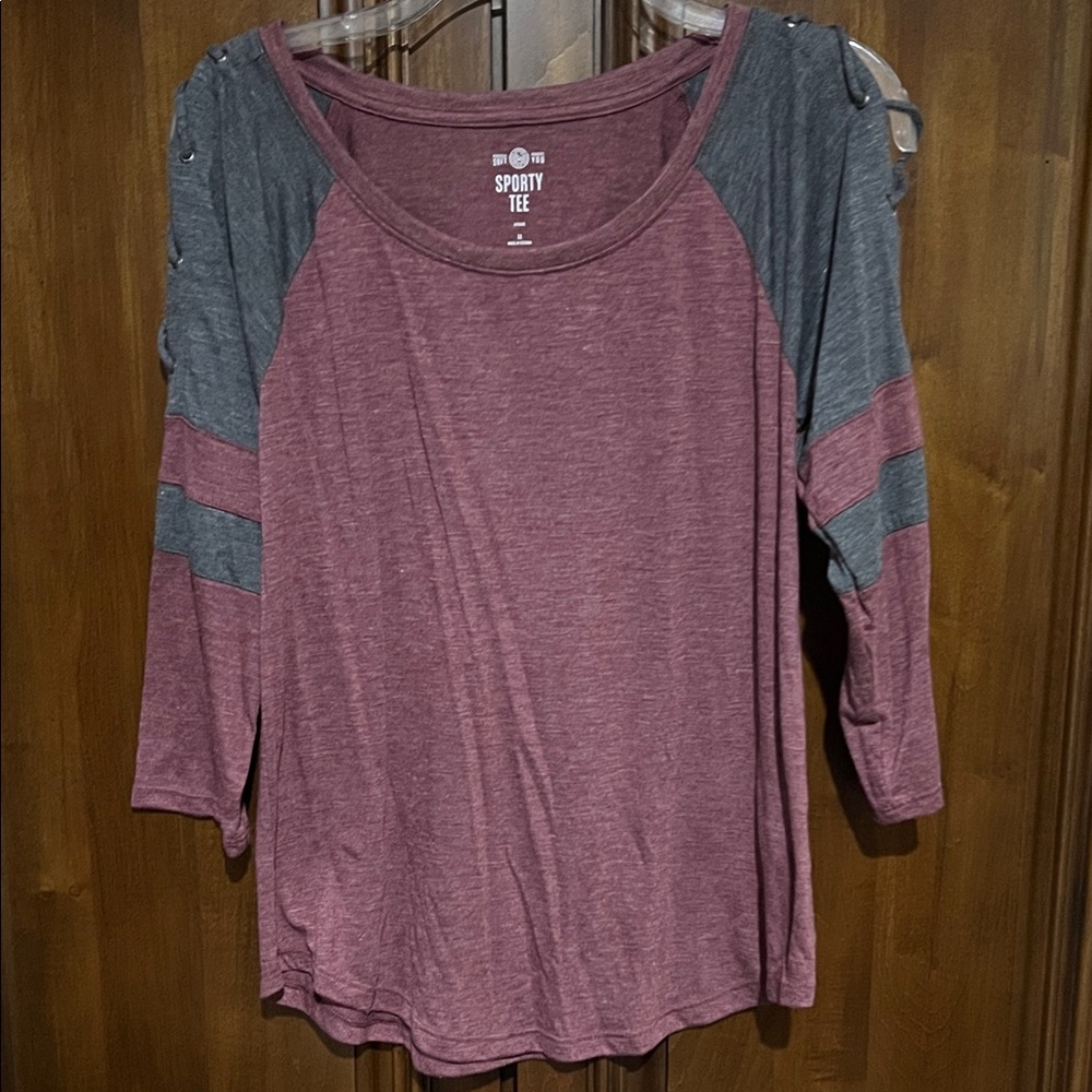 SO Women's Burgundy and Gray Long Sleeve Top